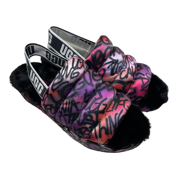 UGG Slippers Womens Size 5 Puff Yeah Pop Graffiti Purple Print Quilted - Picture 1 of 3